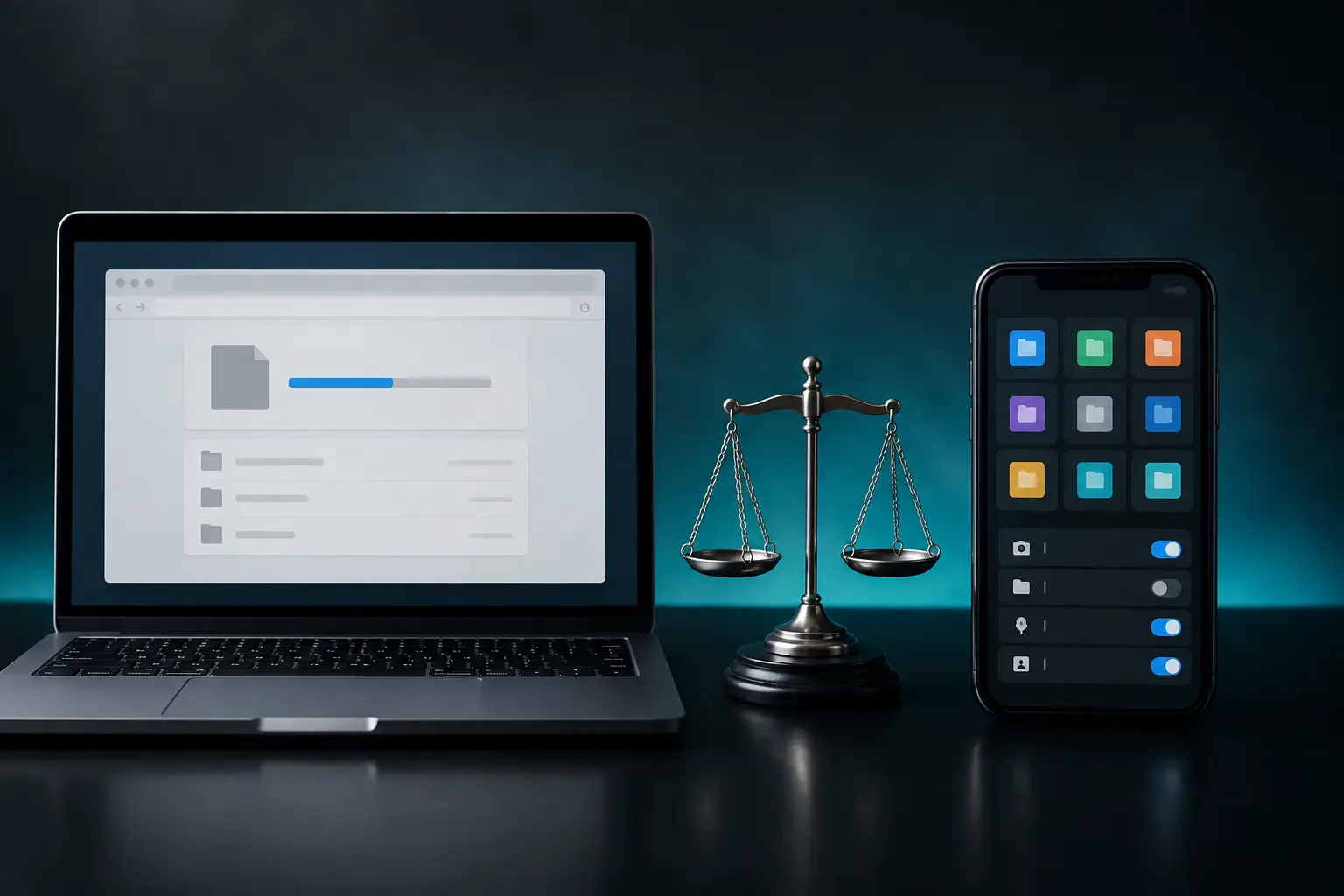 Laptop browser and phone permission screen balanced beside a set of scales
