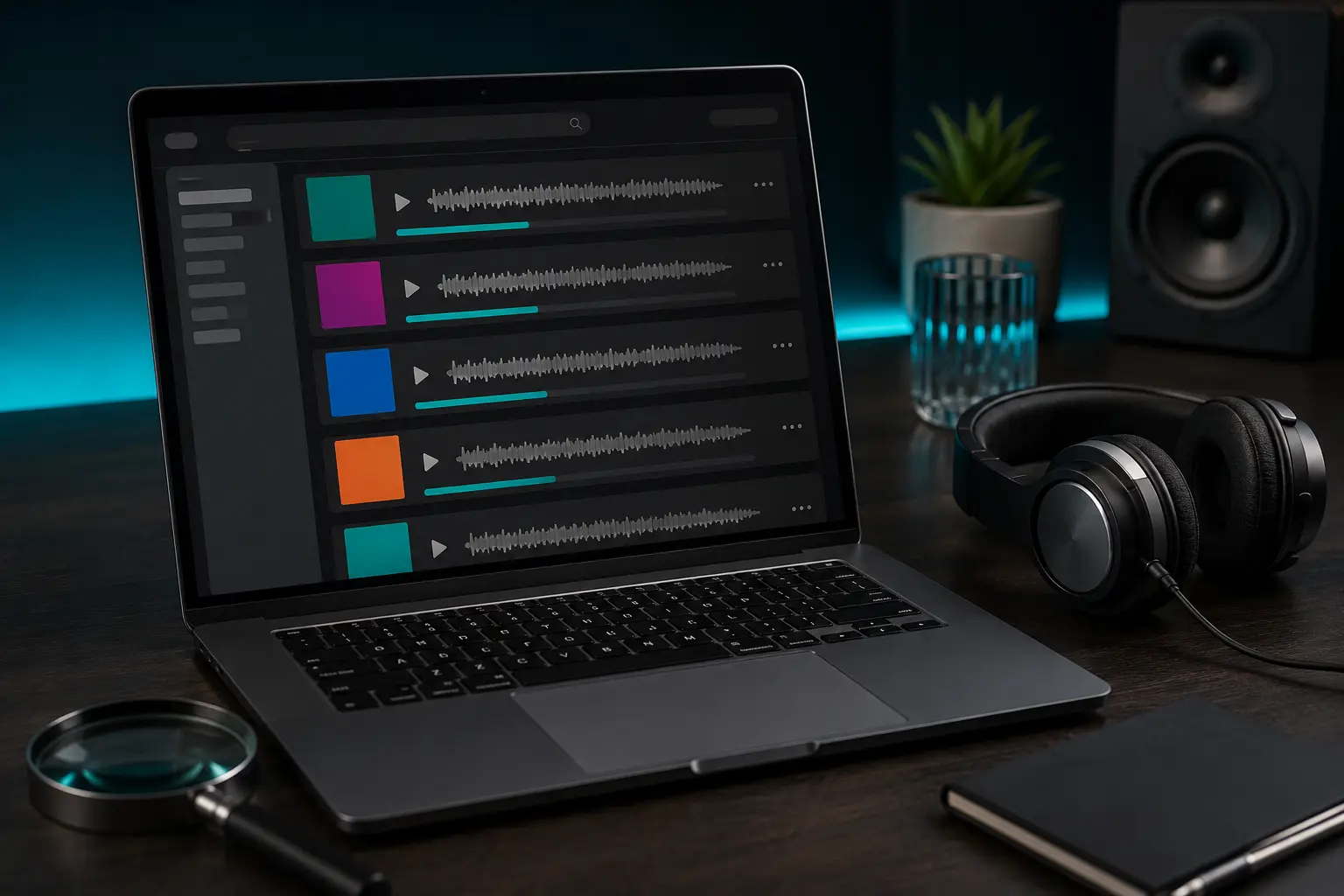 Laptop displaying abstract rows of music results beside headphones and a magnifier