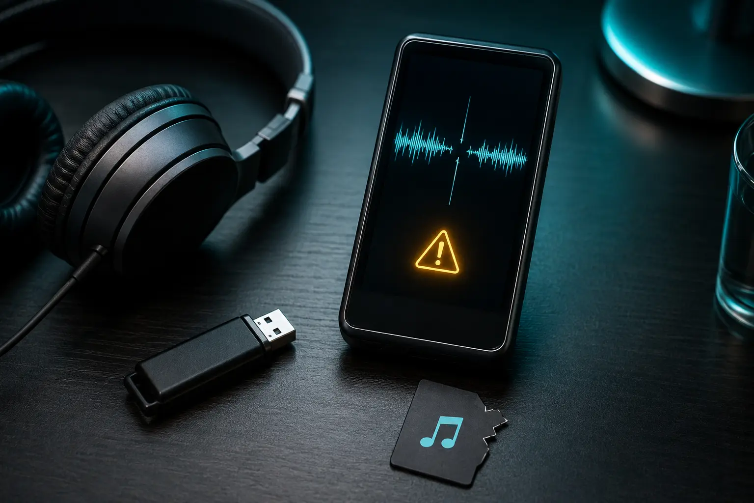 Phone with an audio playback error beside disconnected headphones and a damaged waveform